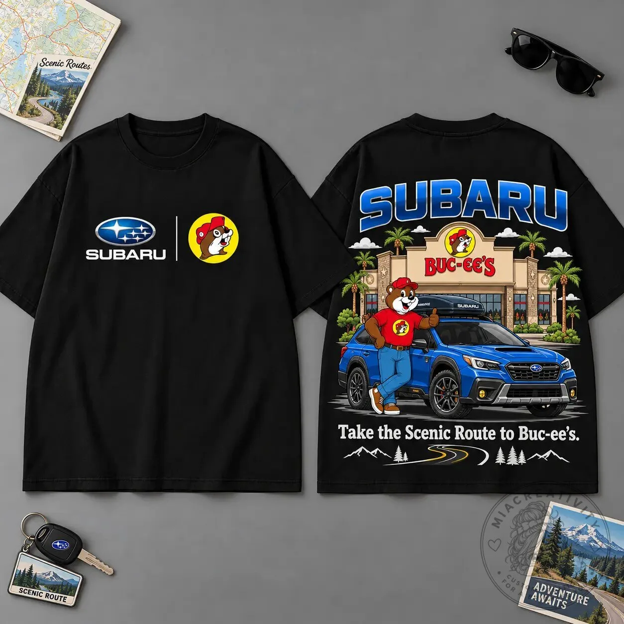 Buc-ee's Subaru Scenic Route Road Trip Graphic T-Shirt for Car Fans 2 Buc-ee's Subaru Scenic Route Road Trip Graphic T-Shirt for Car Fans