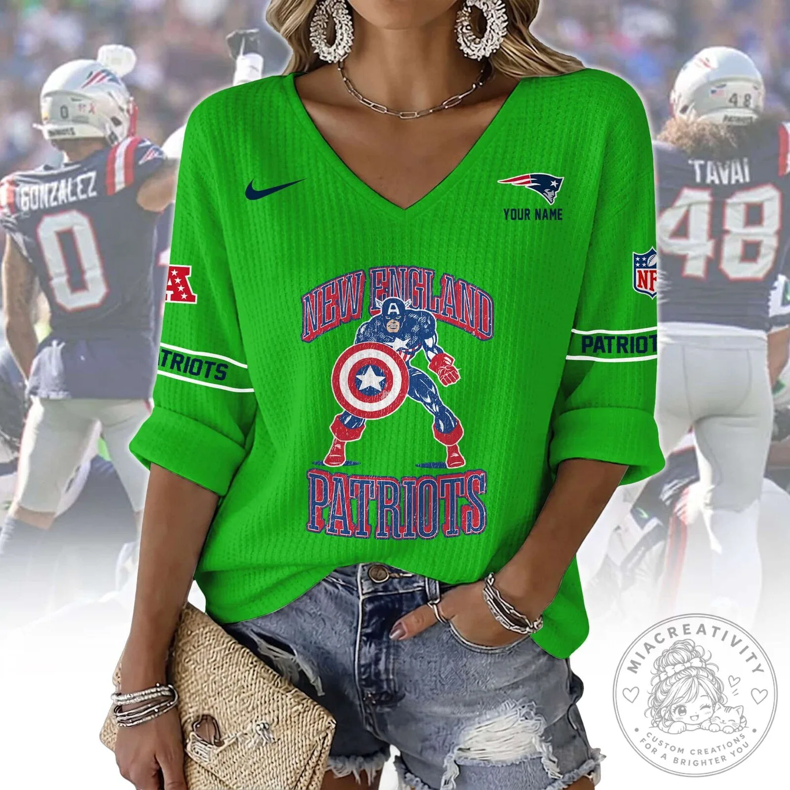 New England Patriots Captain America V-Neck Long-Sleeve T-Shirt