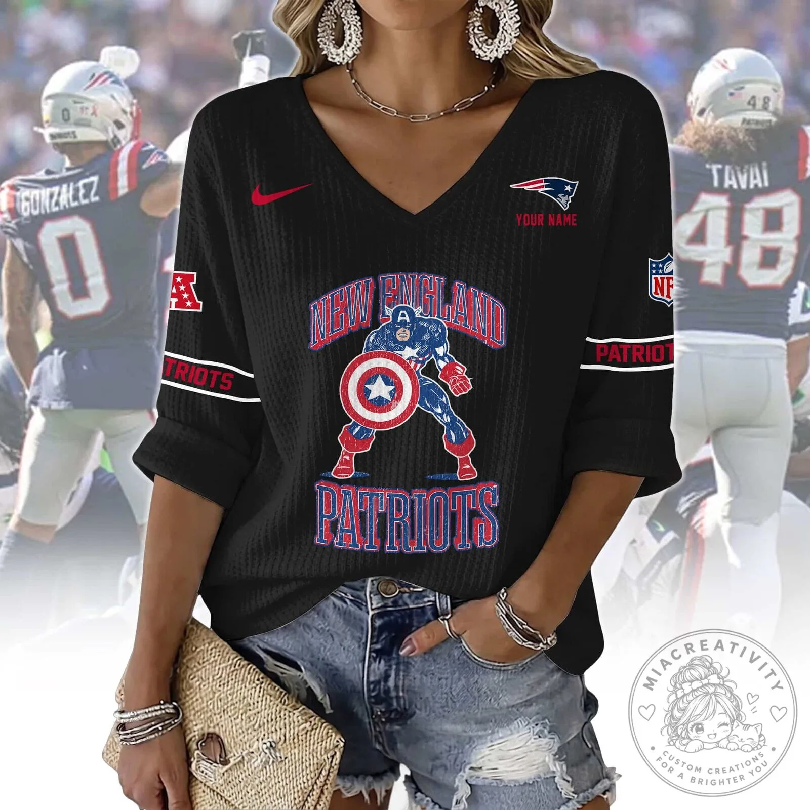 New England Patriots Captain America V-Neck Long-Sleeve T-Shirt 10 New England Patriots Captain America V-Neck Long-Sleeve T-Shirt