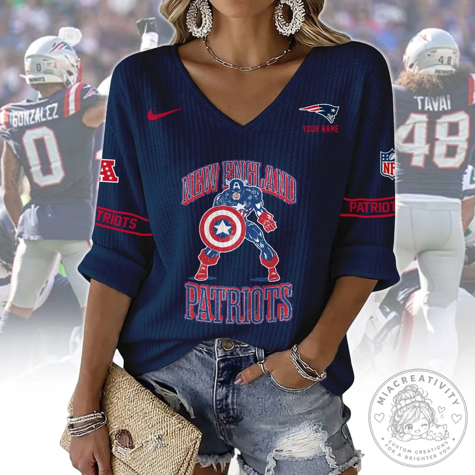 New England Patriots Captain America V-Neck Long-Sleeve T-Shirt 11 New England Patriots Captain America V-Neck Long-Sleeve T-Shirt