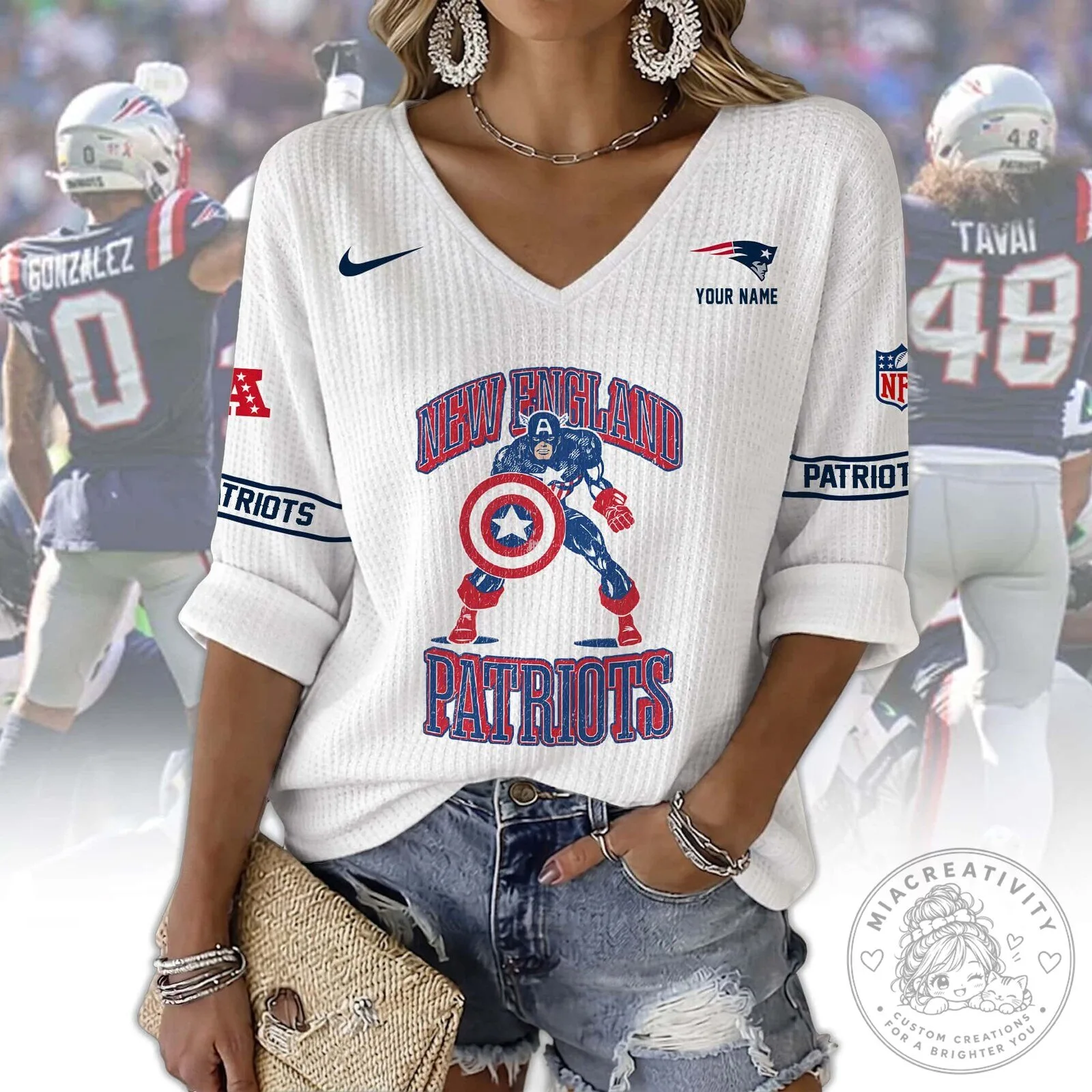 New England Patriots Captain America V-Neck Long-Sleeve T-Shirt 12 New England Patriots Captain America V-Neck Long-Sleeve T-Shirt