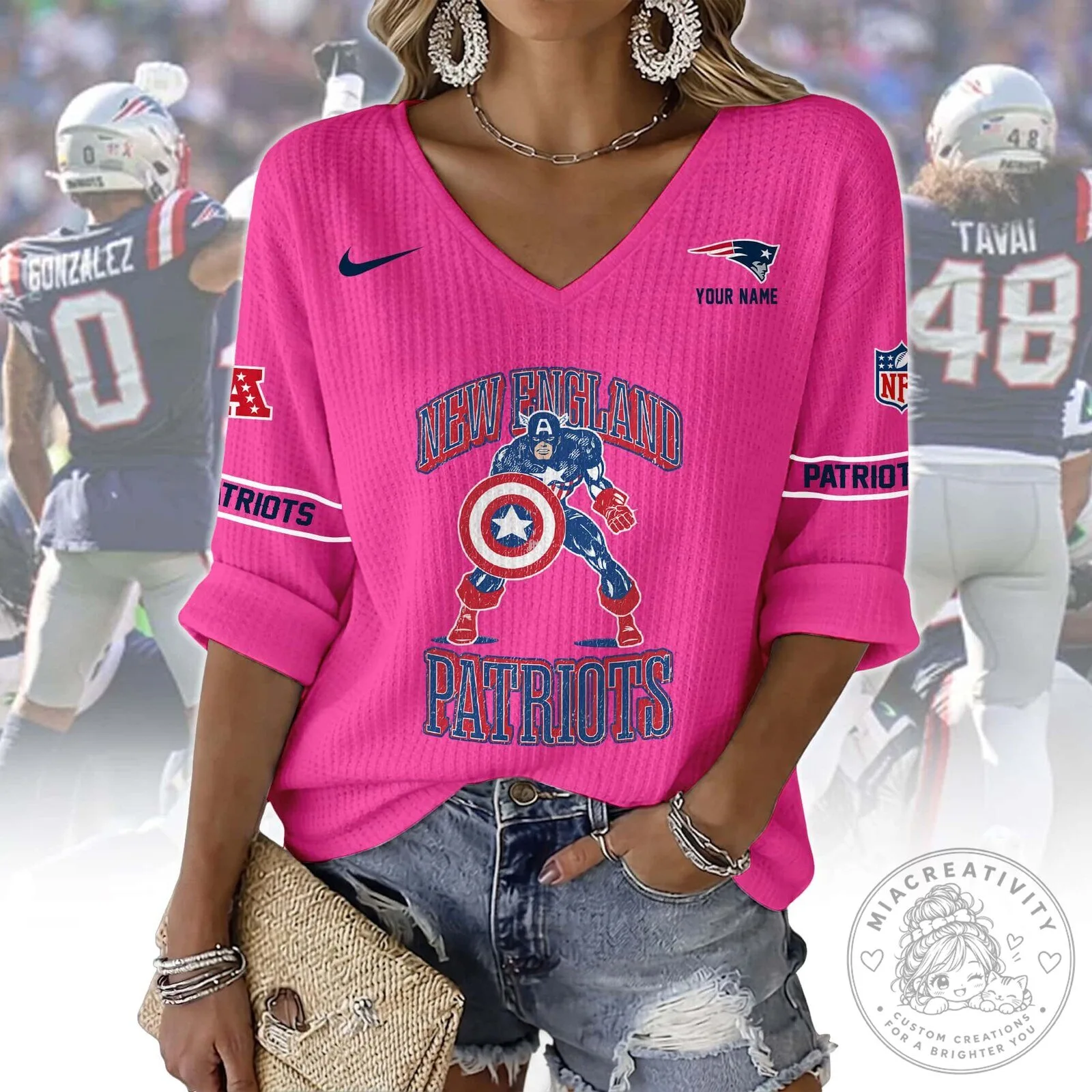 New England Patriots Captain America V-Neck Long-Sleeve T-Shirt 13 New England Patriots Captain America V-Neck Long-Sleeve T-Shirt