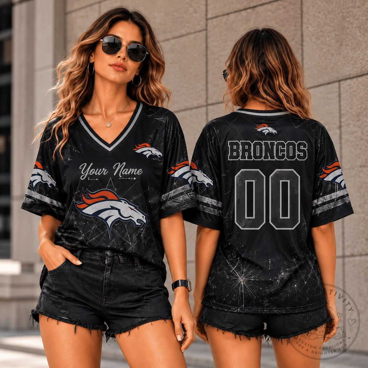 Denver Broncos Personalized Black Silver Football Jersey for Women