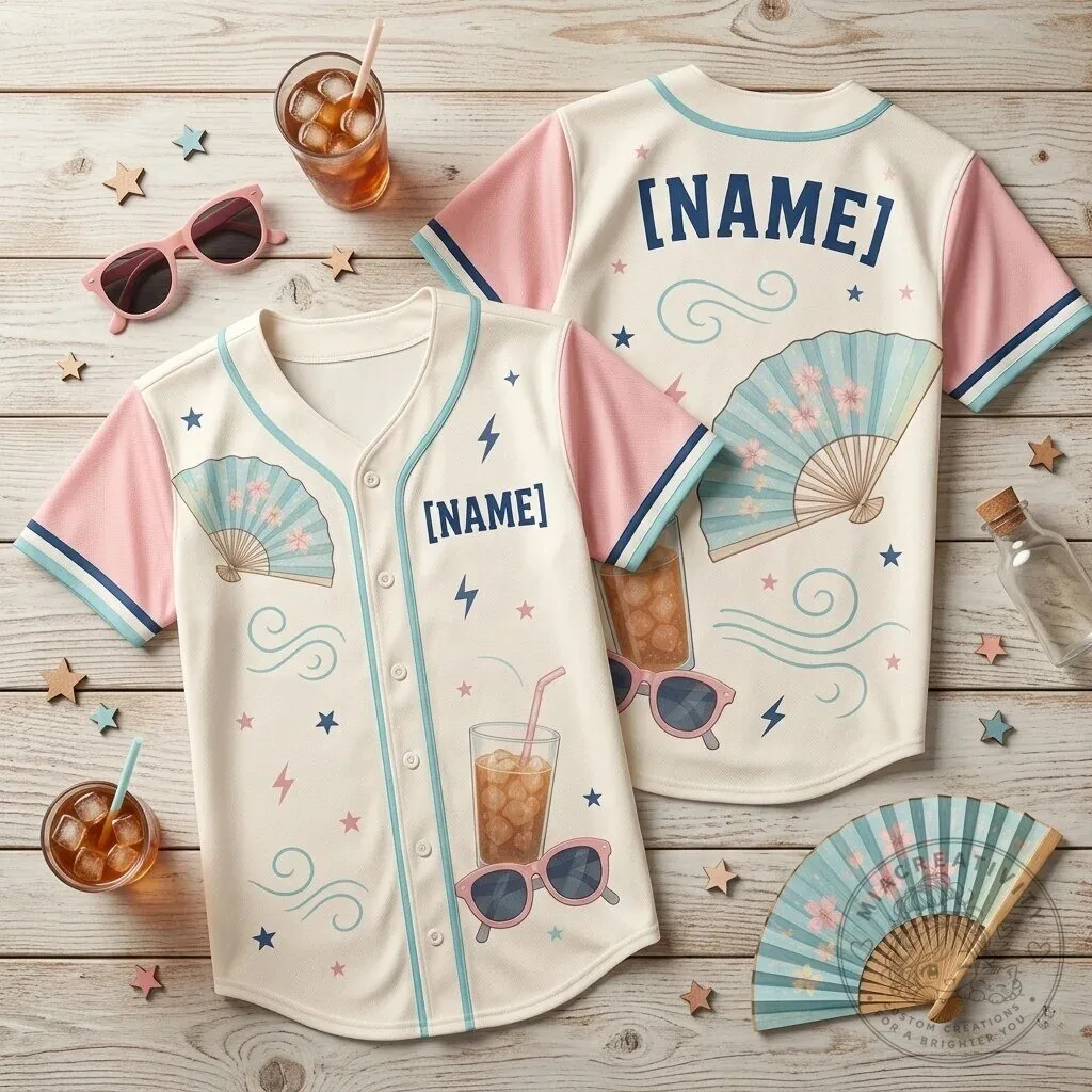 Personalized Summer Aesthetic Iced Coffee and Floral Fan Baseball Jersey