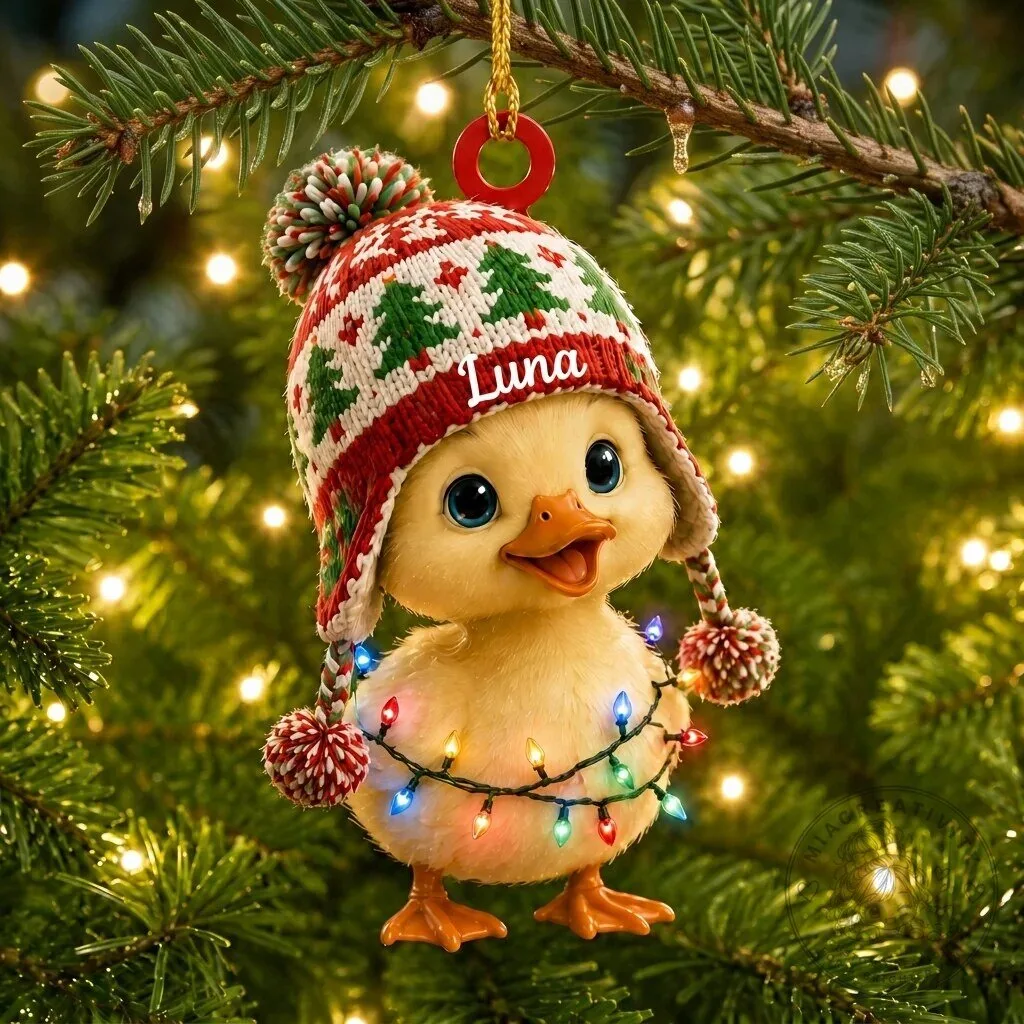 Personalized Cute Baby Duck Wearing Christmas Hat And Lights Holiday Ornament