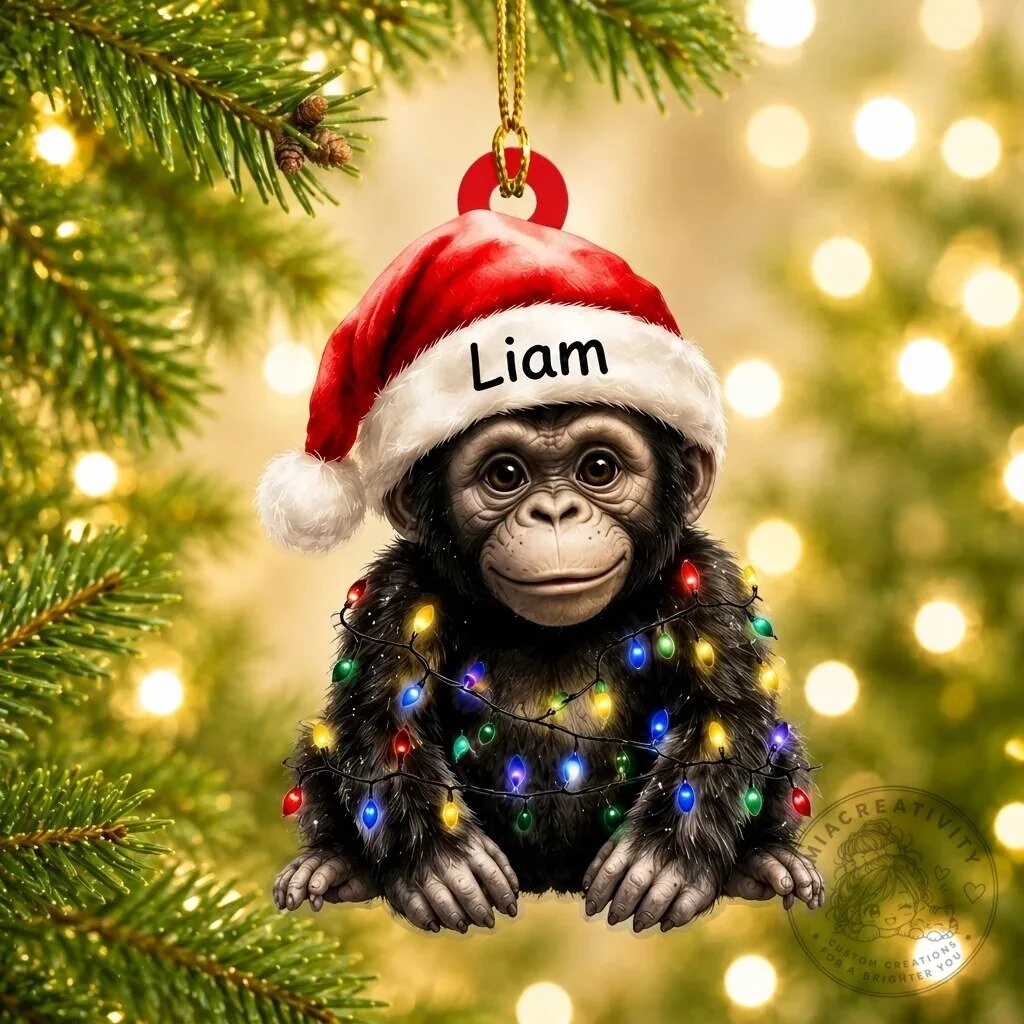 Personalized Baby Gorilla with Santa Hat and Christmas Lights Ornament