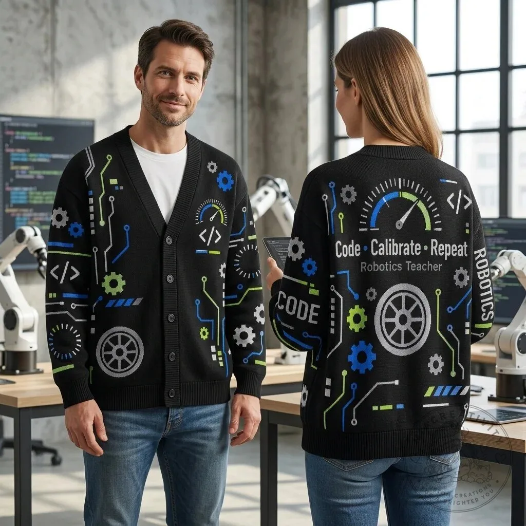 Robotics Teacher Code Calibrate Repeat STEM Engineering Cardigan Sweater