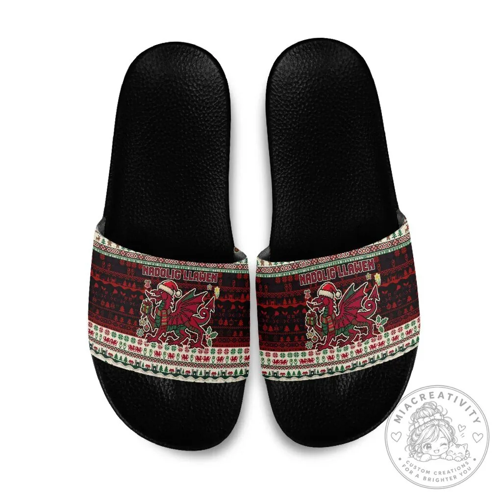 Wales Christmas Nadolig Llawen Welsh Dragon Ugly Sweater Pattern Slide Sandals 2 Wales Christmas Nadolig Llawen Welsh Dragon Ugly Sweater Pattern Slide Sandals