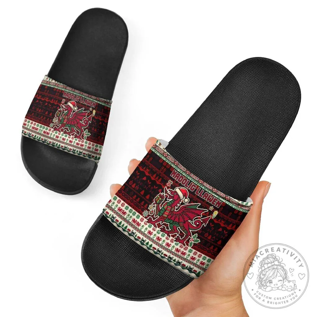 Wales Christmas Nadolig Llawen Welsh Dragon Ugly Sweater Pattern Slide Sandals 11 Wales Christmas Nadolig Llawen Welsh Dragon Ugly Sweater Pattern Slide Sandals