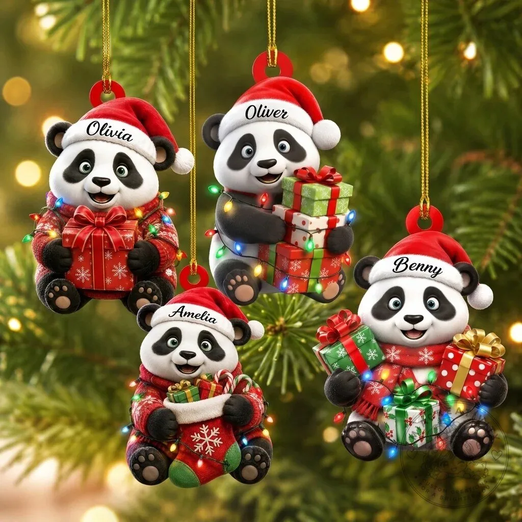 Personalized Christmas Panda Bear Ornament with Santa Hat and Presents
