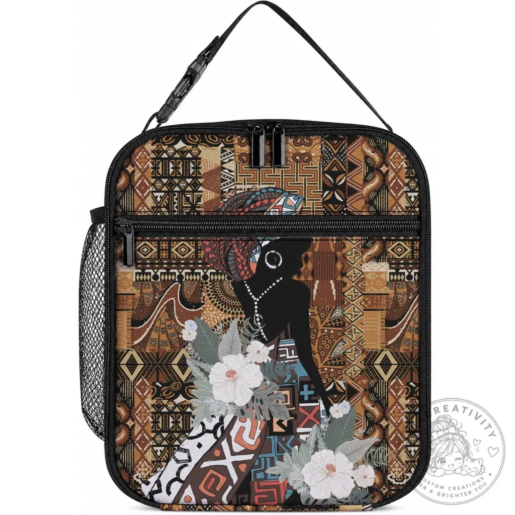 African Woman Silhouette Tribal Pattern Insulated Lunch Bag