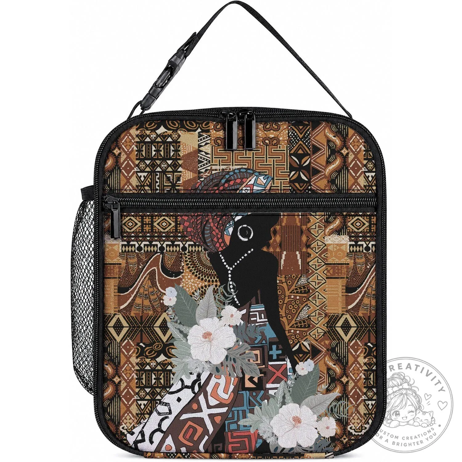 African Woman Silhouette Tribal Pattern Insulated Lunch Bag