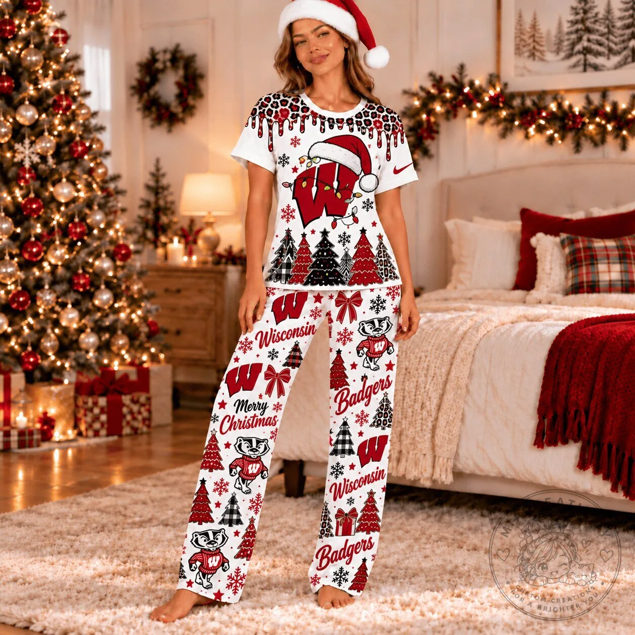 Wisconsin Badgers Christmas Leopard Drip Pajamas Set
