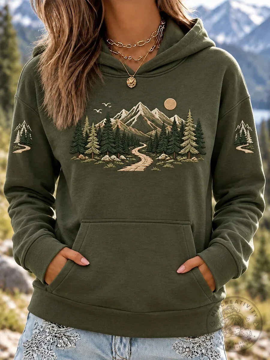 Mountain Forest Trail Landscape Embroidered Hoodie for Women, Nature Lover Gift