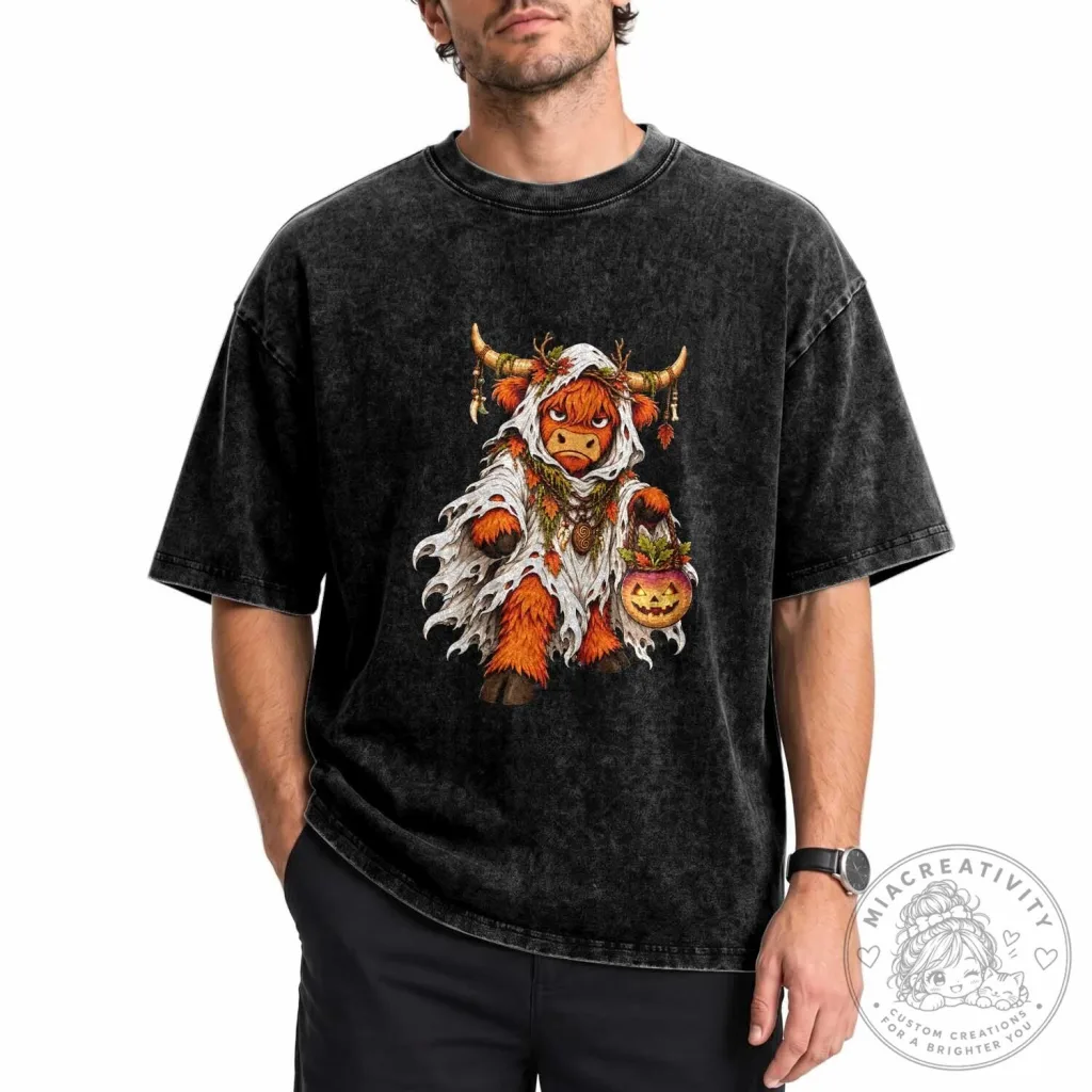 Halloween Costume Shirt Spooky Highland Cow Ghost Holding Turnip Lantern Graphic T-Shirt Halloween Costume Shirt Spooky Highland Cow Ghost Holding Turnip Lantern Graphic T-Shirt