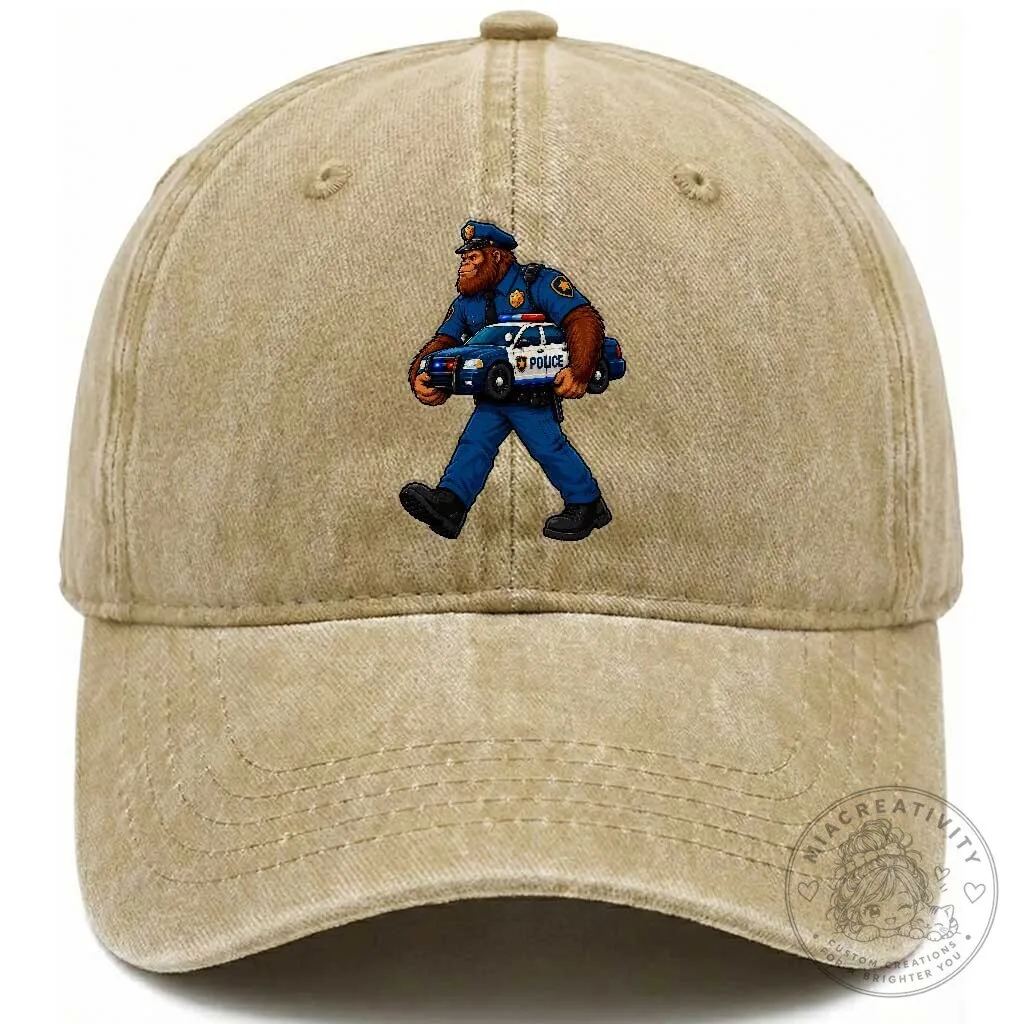 Funny Bigfoot Police Officer Carrying Patrol Car Cryptid Washed Cotton Baseball Cap Hat