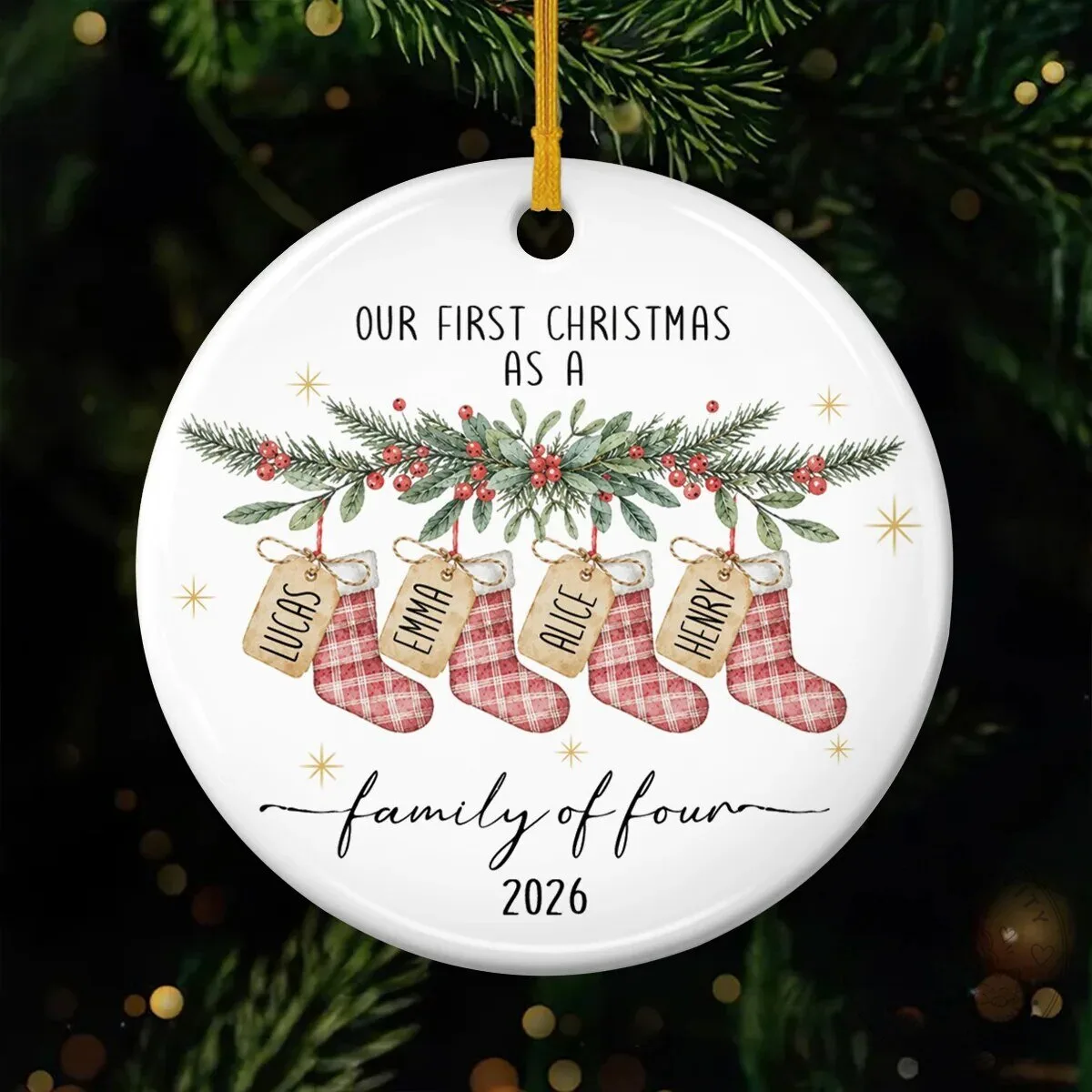 Our First Christmas As A Family Of Four Stockings Personalized Ceramic Ornament