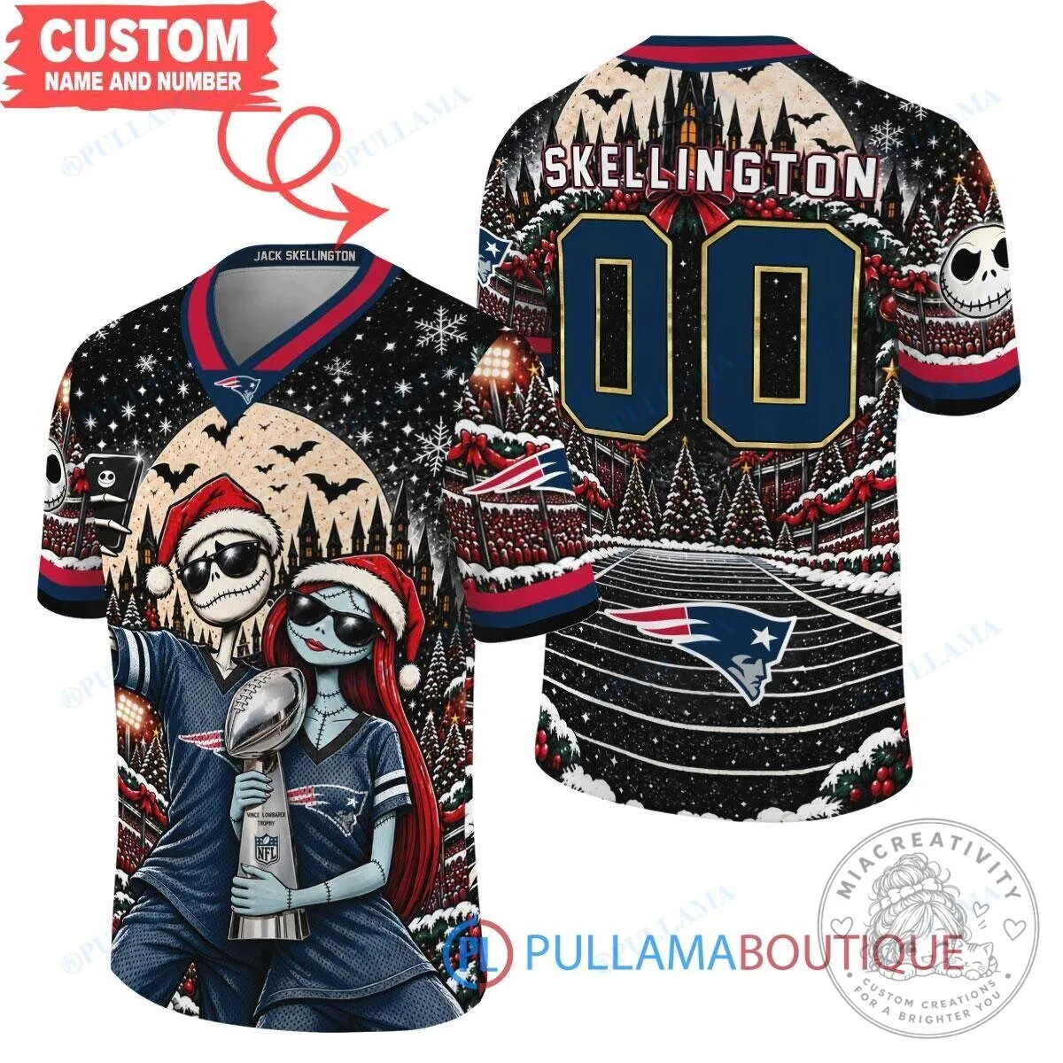 New England Patriots Jack Skellington and Sally Super Bowl Christmas Football Jersey